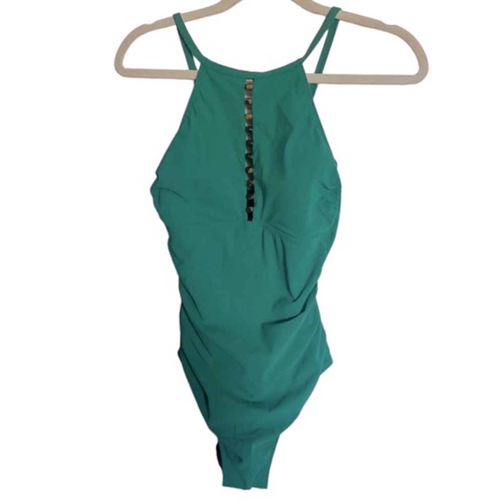 Profile by Gottex High Neck Emerald Green Swimsuit 8 Ruched One Piece